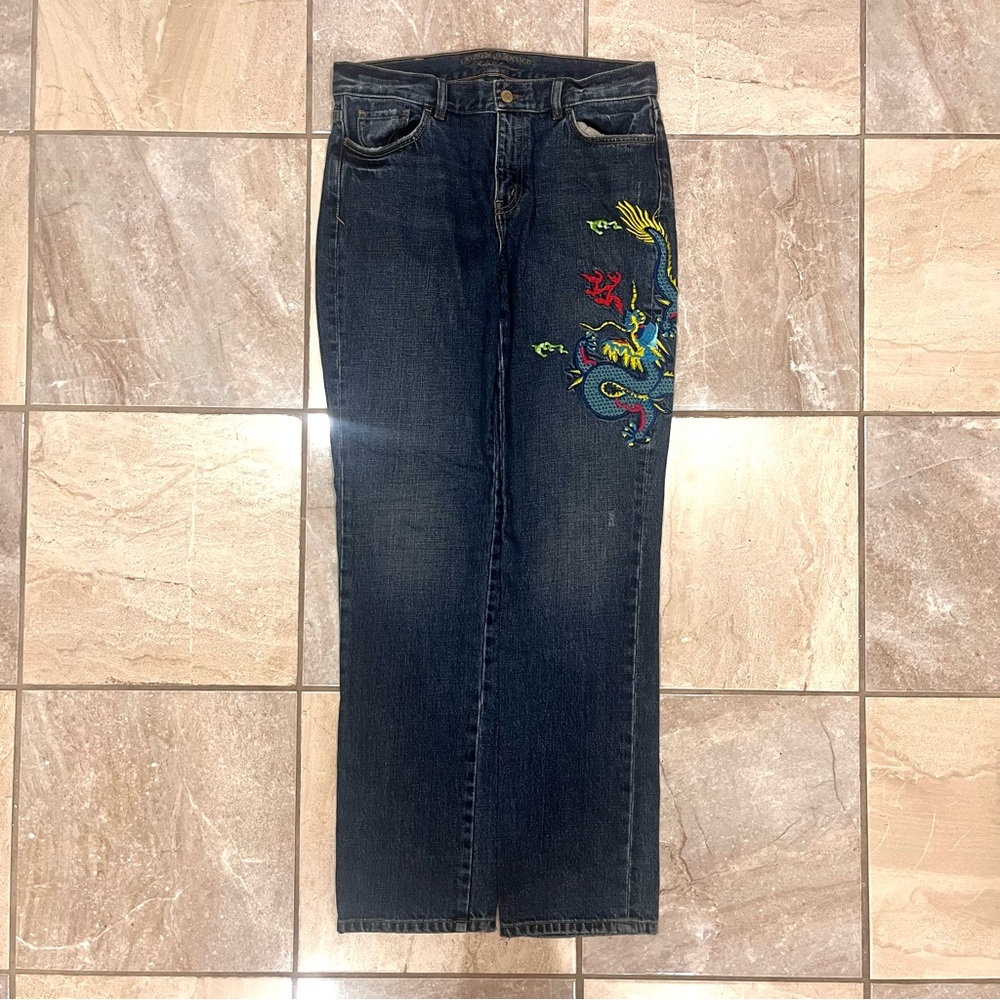 Ralph Lauren High Rise Embroidered Dragon Mid-Dark Wash Denim Straight Jeans